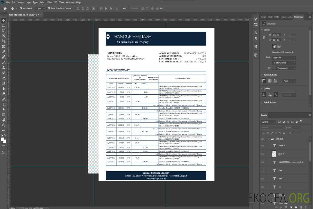 Relevé bancaire Uruguay Banque Heritage, modèle Excel et PDF template